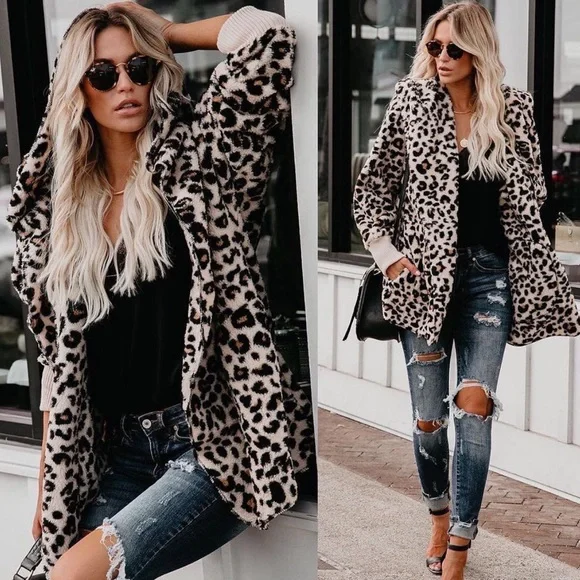 Women Leopard hooded jacket plush warm fuzzy jacket - Picture 4 of 7